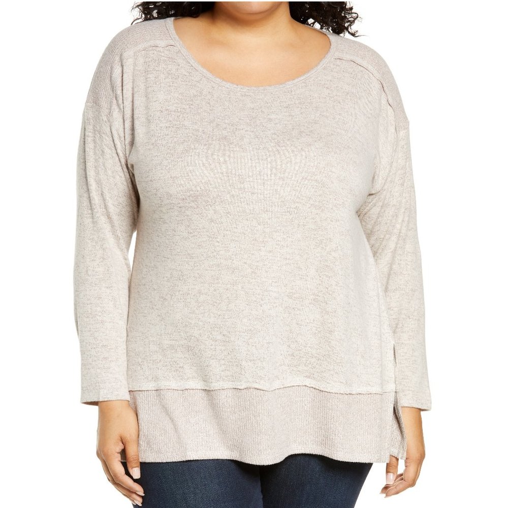 NWT Bobeau Women's Cozy Marled Pullover Tunic Top Beige Plus Size 1X $80 G430